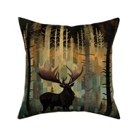 Woodland Moose with Large Antlers Standing in the Forest Trees