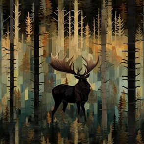 Woodland Moose with Large Antlers Standing in the Forest Trees