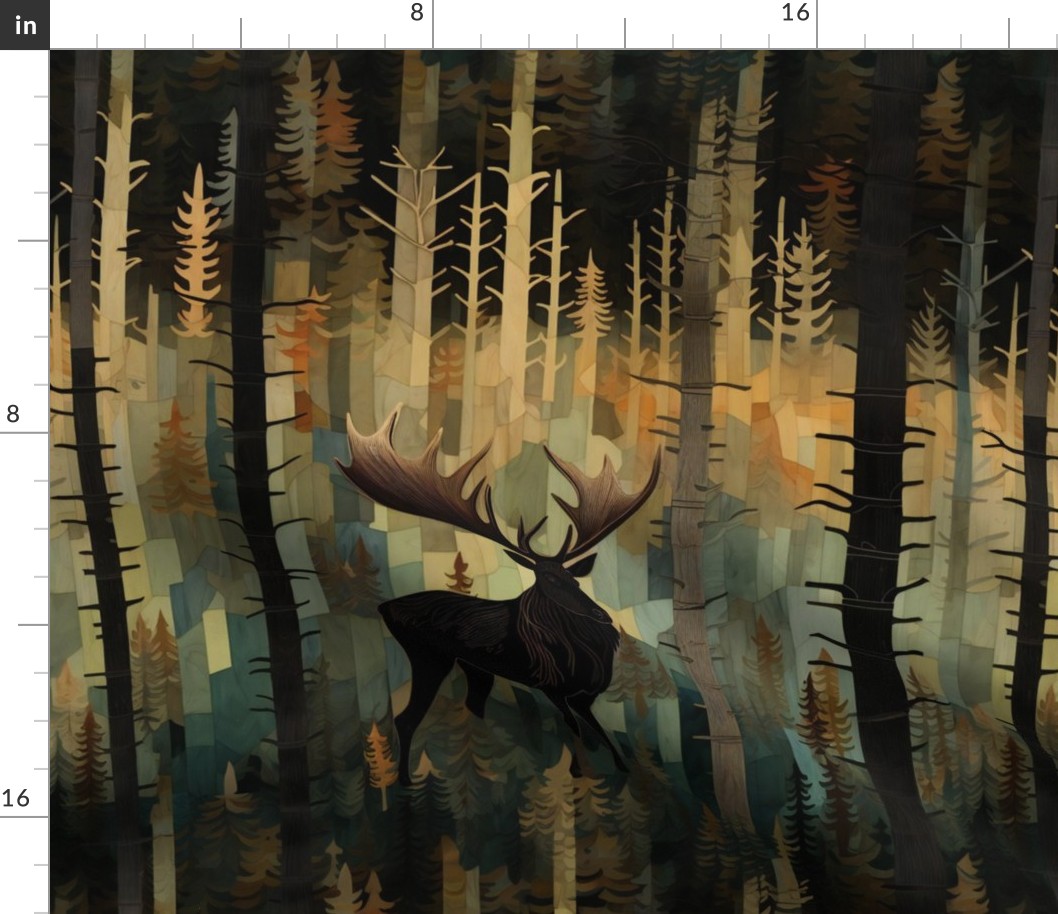 Woodland Moose with Large Antlers Standing in the Forest Trees