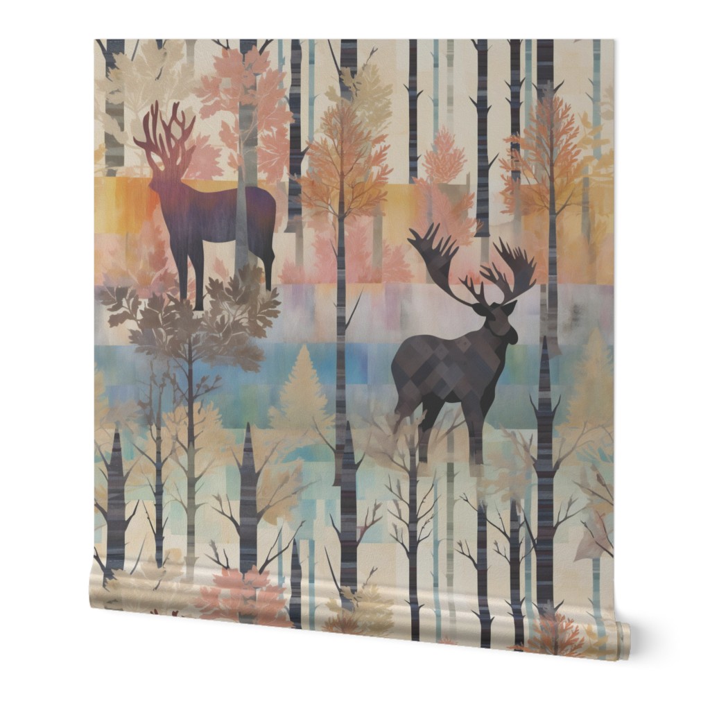 Woodland Moose with Large Antlers Standing in a Pastel Tree Forest