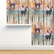 Woodland Moose with Large Antlers Standing in a Pastel Tree Forest