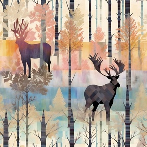 Woodland Moose with Large Antlers Standing in a Pastel Tree Forest
