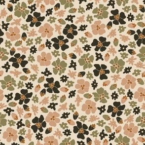 brown, taupe, sage hand-drawn flowers ditsy on beige