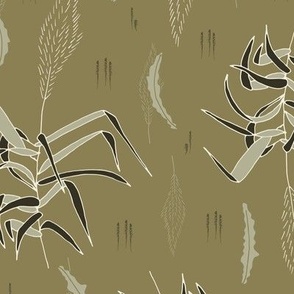 taupe and sage green grass twigs and leaves on olive green whimsical meadow