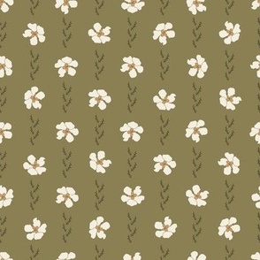 white daisies polka dots with grass twigs on olive green