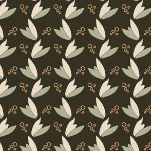 white and sage tulips in vertical and horizontal lines with dew drops on dark taupe