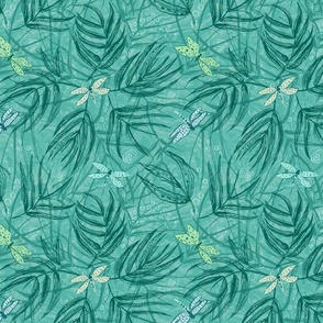 Bamboo Garden with Dragonflies in shades of teal