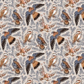 American Kestrel and Barn Owl // Birds of Prey // bunny grey background and orange sparrow hawk falcon flying // SMALL scale_ warm neutral winter 