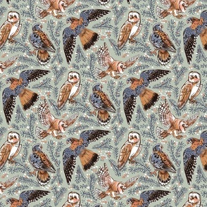 American Kestrel and Barn Owl // Birds of Prey // bunny grey background and orange sparrow hawk falcon flying // SMALL scale_ sage green  