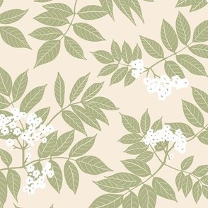 Elderflower Floral Print with Greenery on Cream 