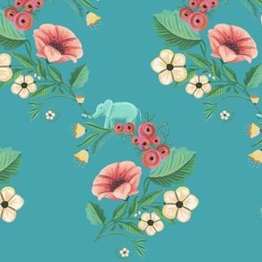 Cute baby elephants with zig zag floral vines on light blue background -  magical and delightful .