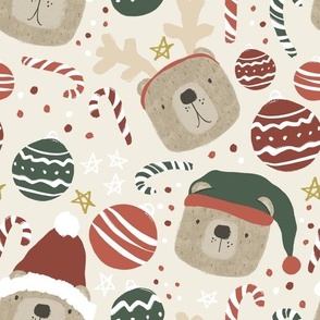 Large Christmas Bears (Cream)(10.5" Fabric / 12" Wallpaper)