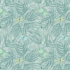 bamboo and dragonflies in shades of celadon and green