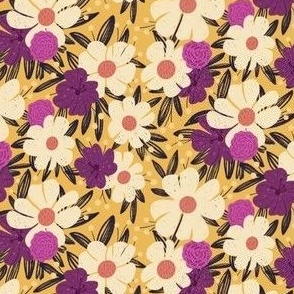 Textured Yellow and Purple Florals on Vintage Yellow 