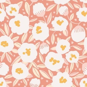 Medium - Flower Clouds and Blooming Stars - Non-Directional Ceiling Floral Wallpaper - Maximalist Coral Yellow Ivory (Medium)