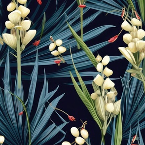 Yucca flowers with palm fronds.