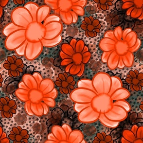 Watercolor Boho Flowers - All Orange Hero with Dots on Orange