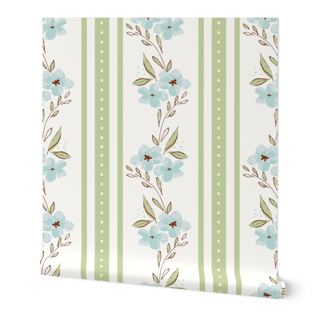 Floral Stripe in Sea Glass and Dew with Brown Outlines - Extra Large