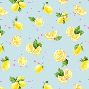 Lemons on blue-lemon watercolor fabric - watercolor fabric, citrus fruit fabric, lemons fabric, lemon - white Fabric