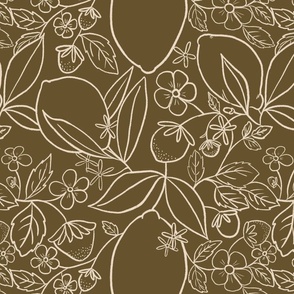 Strawberry Lemonade Olive Blush Line Drawing Pen And Ink Repeat Pattern Garden Citrus Grove Lemons Flowers Botanical Print