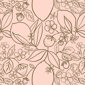 Strawberry Lemonade Blush Olive Line Drawing Pen And Ink Repeat Pattern Garden Citrus Grove Lemons Flowers Botanical Print