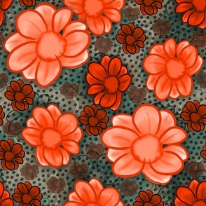 Watercolor Boho Flowers - All Orange Hero with Dots on Teal