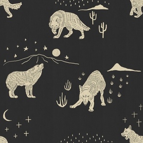 Black and off white wolf in the desert toile for kids wallpaper