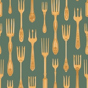 fancy Elegant Gold Antique Forks on Forest Olive Green (medium scale)