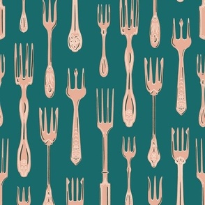 fancy Elegant Rose Gold  Antique Forks on Dark Turquoise