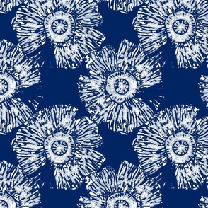 Wood Stamp Poppy Flowers - Navy Blue and White