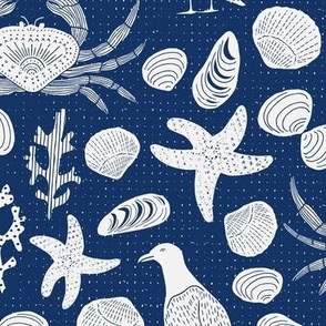 Ocean seaside crabs, shells and birds on the beach  // indigo cobalt blue line drawing // medium