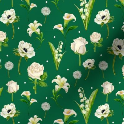 White Realistic Flowers in Emerald Green - (L)