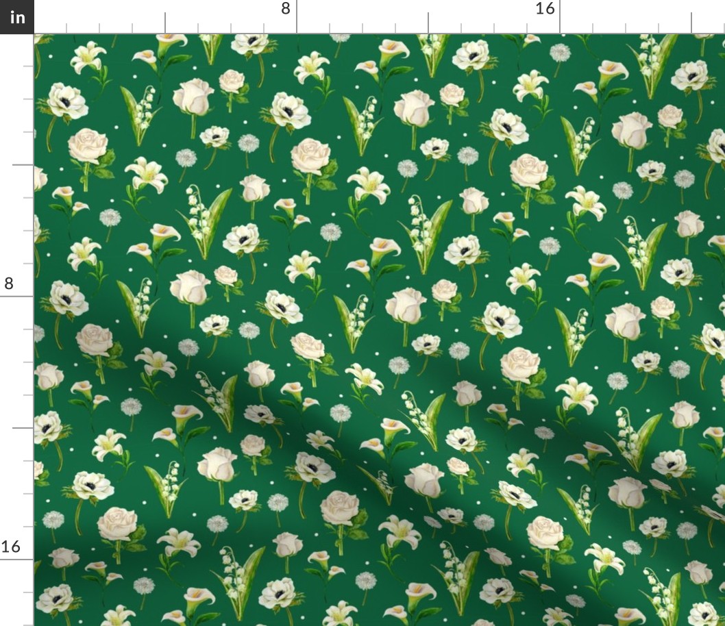 White Realistic Flowers in Emerald Green - (L)