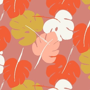 Monstera Leaves in Pantone Coral Sprouts in Large Scale