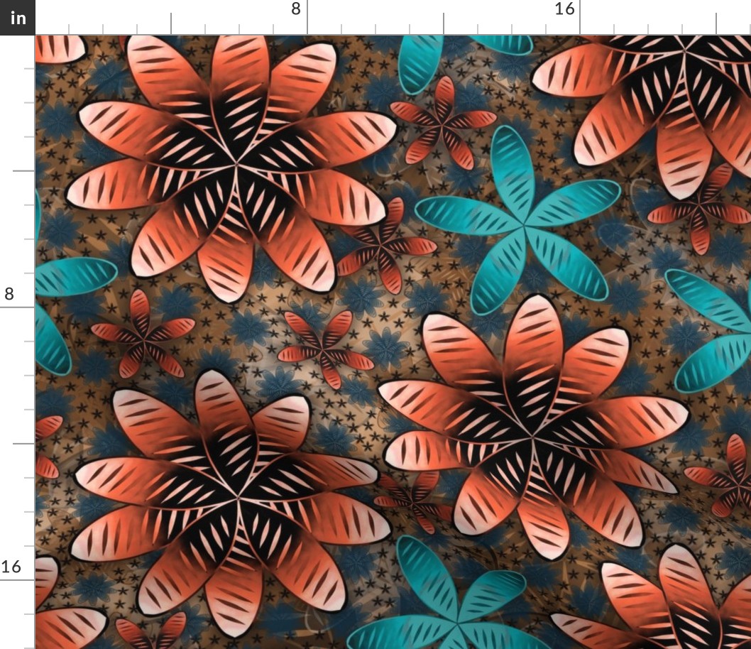 Boho Flowers with Diagonal Stripes - Teal and Orange