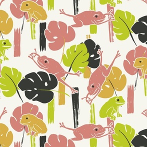 Frog Fiesta in Pantone Coral Sprout Peach Nectar in Large Scale