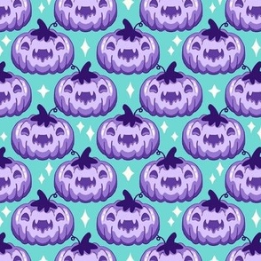 Jack O Lantern Pumpkins Purple on Turquoise small scale