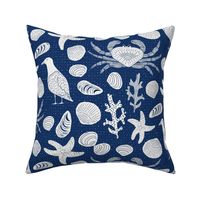 Ocean seaside crabs, shells and birds on the beach  // indigo cobalt blue line drawing // large
