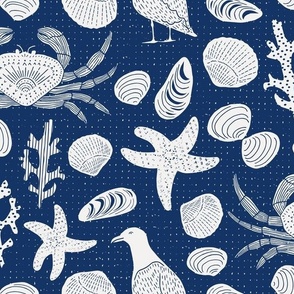 Ocean seaside crabs, shells and birds on the beach  // indigo cobalt blue line drawing // large