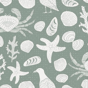 Ocean seaside crabs, shells and birds on the beach  // sage grey green  line drawing // large
