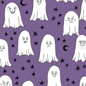 460 - Large scale pumpkin purple violet , black and white ghosts with moons and stars in the night sky, for Halloween children clothing, unisex spooky costumes, table runners, tablecloths and bag making - fall/Halloween/thanksgiving palette
