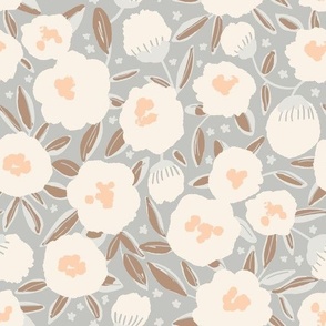 Medium - Flower Clouds and Blooming Stars - Non-Directional Ceiling Floral Wallpaper - Earthy Muted Blue Brown Ivory  - Neutral Nursery