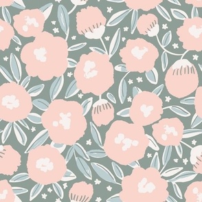 Medium - Flower Clouds and Blooming Stars - Non-Directional Ceiling Floral Wallpaper - Sage green / Dusty Pink  - Neutral Nursery