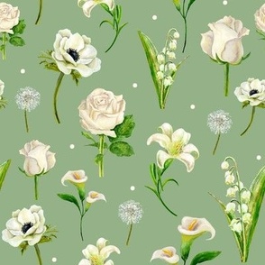 White Realistic Flowers in Sage Green