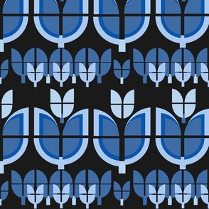 Large tulip flowers geometric tiles blues on black