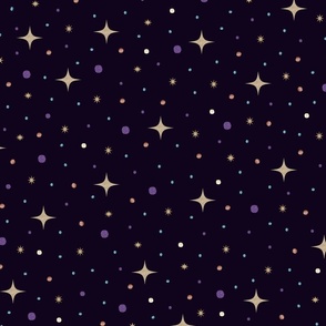 Starry Night with Metallic Stars and Planets on Dark Blue Black