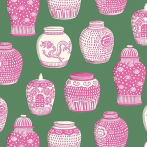 vibrant pink ginger jars on green/large