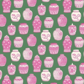 vibrant pink ginger jars on green/medium
