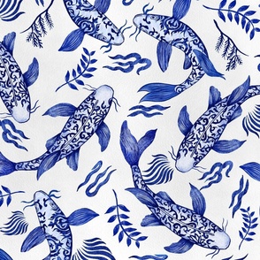 Golden carp blue and white non-directional block print wallpaper