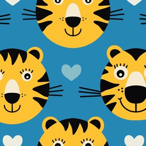Happy-tiger-children-on-a-vintage-blue-background-with-white-hearts-XL-jumbo-scale-version-for-wallpaper